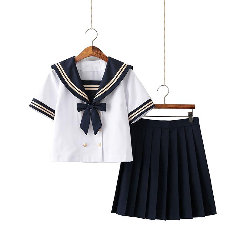 Clothing Sets Double-breasted Summer White Navy Sailor Suit Tops Skirts Women Elegant JK High School Uniform Class Students Cloth 
Clothing Sets Double-breasted Summer White Navy Sailor Suit Tops Skirts Women Elegant JK High School Uniform Class Students Cloth