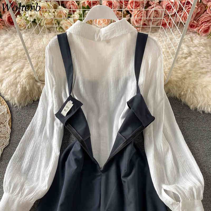 2 Piece Set Preppy Style Suit Sweet Square Collar Vest Dresses Vintage White Long Sleeve Shirt Top Two-piece Sets Women 210519