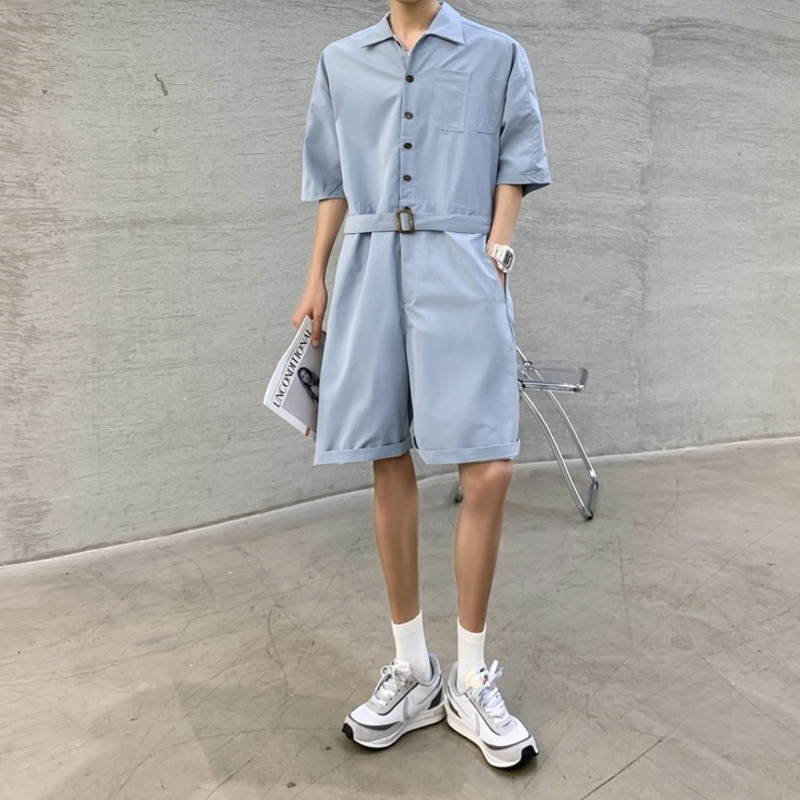 IEFB Jumpsuit Men's Summer Fashion Loose Workwear Overalls Shorts Short Sleeve Lapel Single Breasted Wide Leg Pants 9Y7709 210524