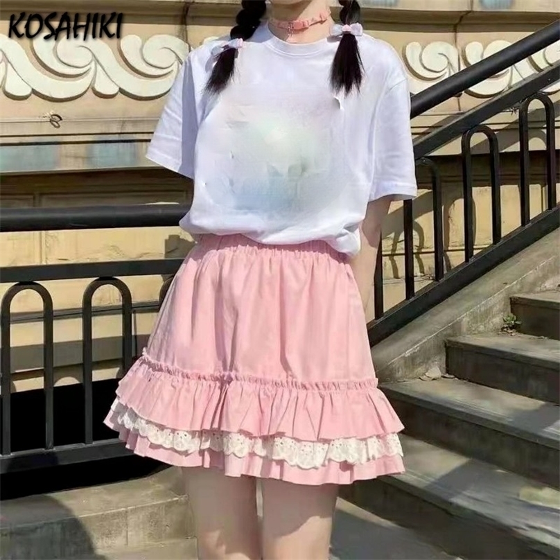 KOSAHIKI High Waist Mini Skirt Japan Cute Sweet Faldas Mujer Moda Quality Lace Patch Pleated Skirts Women Summer Saia 220312