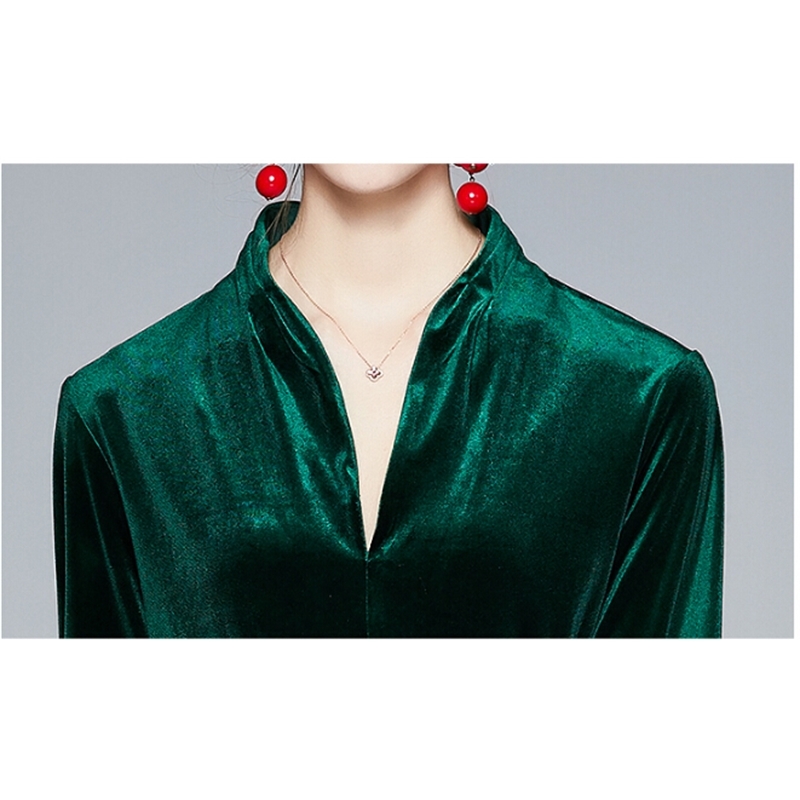 Autumn Woman Velvet Dark Green Dresses Long Sleeve Sexy V-Neck Vestido De Mujer Clothing Female With Belt 210520