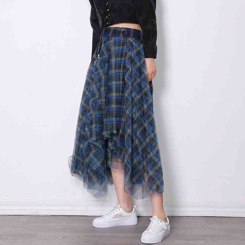 Elegant Plaid Skirt For Women High Waist Midi Hit Color Patchwork Skirts Females Fashion Summer Clothing Style 210521