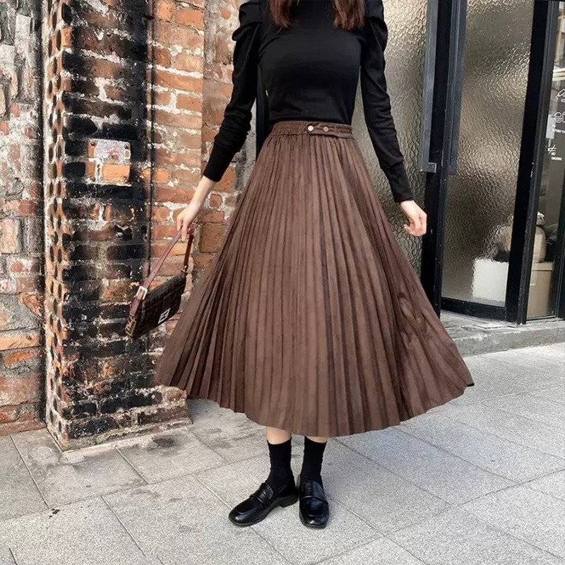 Women's Solid Pleated Suede Leather Skirts Autumn Winter High Waist Loose Retro Faux Skirt Female 210514