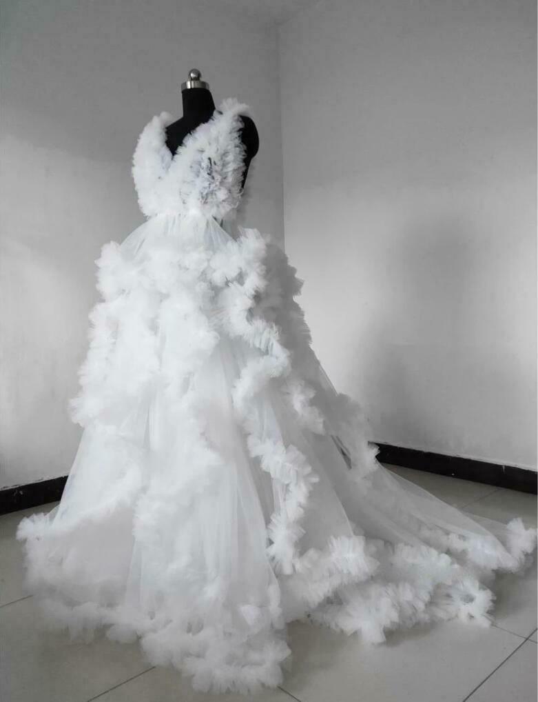 Ruffles White Tulle Kimono Women Dresses Robe for Photoshoot Extra Puffy V Neck Prom Gowns African Cape Cloak Maternity Dress Photography