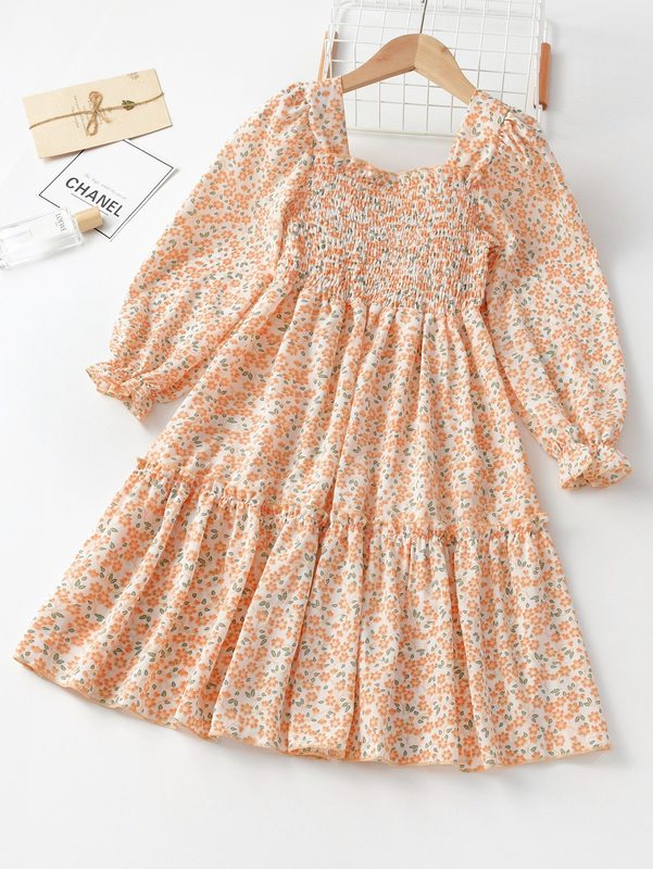 Girls Allover Floral Print Shirred Flounce Sleeve Ruffle Hem Dress SHE