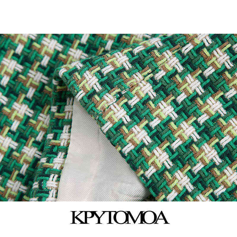 KPYTOMOA Women Fashion Double Breasted Tweed Blazer Coat Vintage Long Sleeve Welt Pockets Female Outerwear Chic Veste Femme 211122