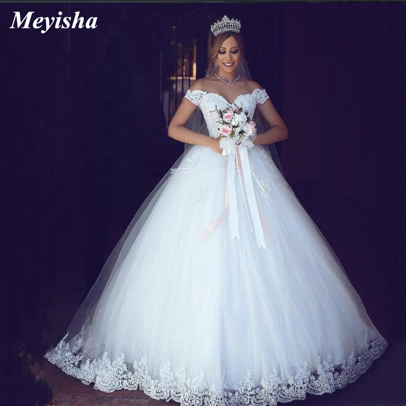 ZJ9143 2021White Ivory Lace Appliques Ball Gown Off The Shoulder Short Sleeves Bridal Dress Wedding Dresses