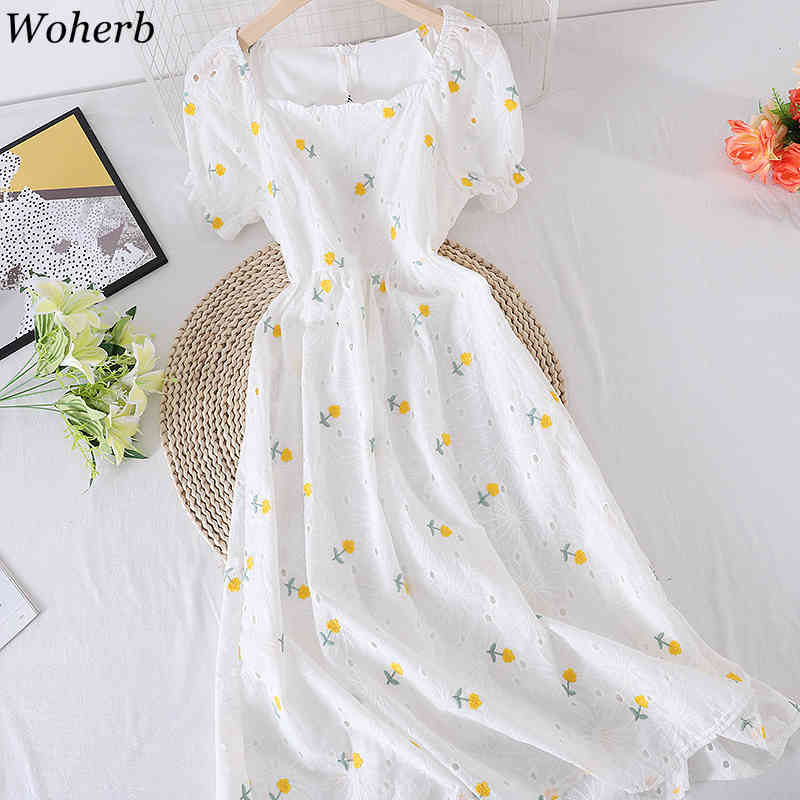 Elegant Embroidery Dress Women Summer Slim Temperament Square Collar Vestidos High Waist Sweet Short Sleeve Dresses 210519