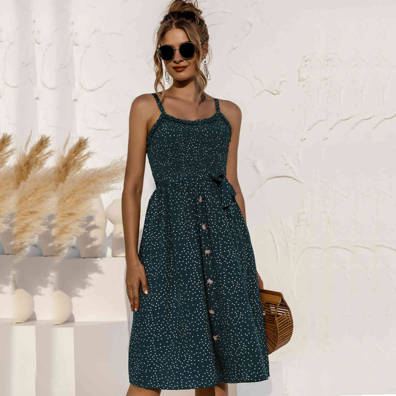 Women printed Dress Summer Spaghetti Strap Camisole A-Line Slim Dot Printing Ruffles Casual Women's pleated holidays beach 210524