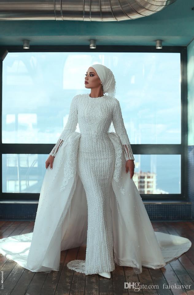Muslim Mermaid Wedding Dresses with Detachable Train High Neck Luxury Lace Beaded Floral Long Sleeve Arabic Bridal Dress Vestidos De Novia