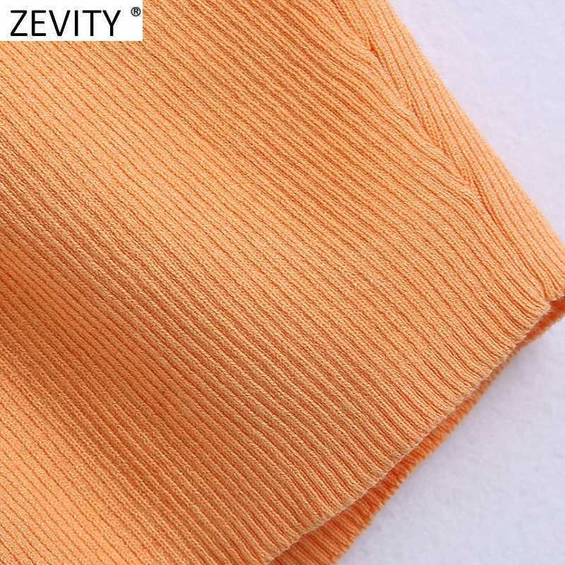 Zevity Women Spaghetti Strap Orange Color Chic Camis Tank Lady Summer Back Lower Knitting Short Sling Vest Crop Tops LS9177 210625