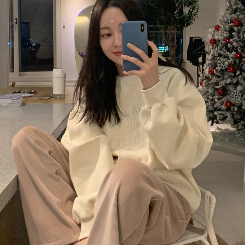 Nomikuma Korean Letters Embroidery Pullover Sweatshirt Causal Long Sleeve O-neck Hoodies New Fleece Women Jumper 6D820 210427