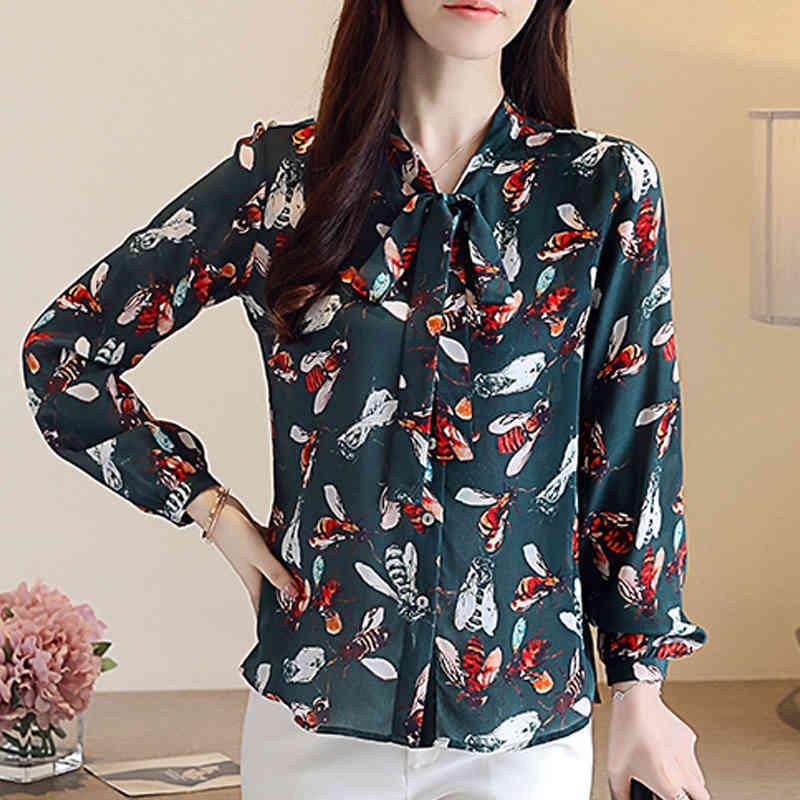 Blusas Autumn Long Sleeve Printing Chiffon Blouse Women Shirt OL Vintage Plus Size Cardigan Tops 7046 50 210427