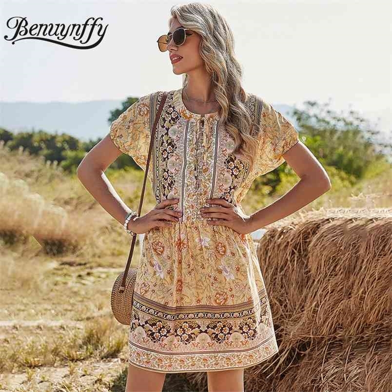 Tie Neck Button Front Boho Holiday Style Floral Print Dresses Women Summer Casual Straight Mini Dress Female 210510