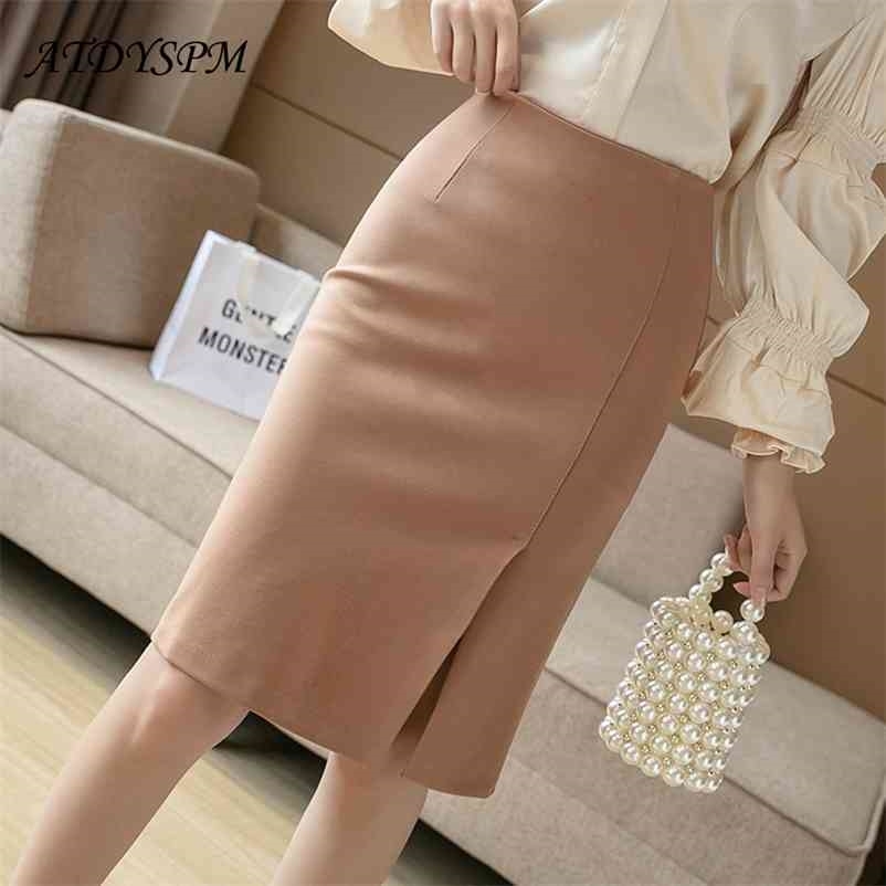 All-Match Knee-Length High Waist Pencil Skirt Comfortable Elastic Fabric Large Size Office Skirt Female Casual Clothing 210621