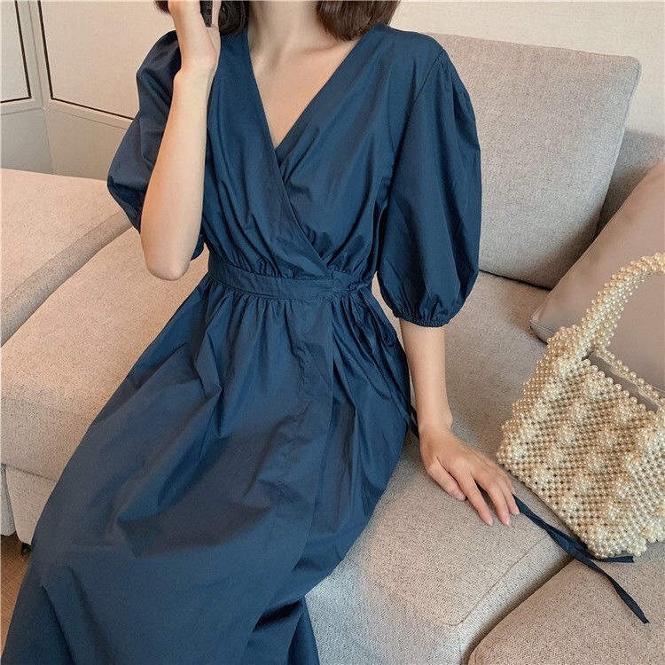 Summer Holiday V neck Front Slit Plain Color Wrap Dress Woman Tie Bow Lace up Waist Short Puff Sleeve Midi Long Dresses 210429