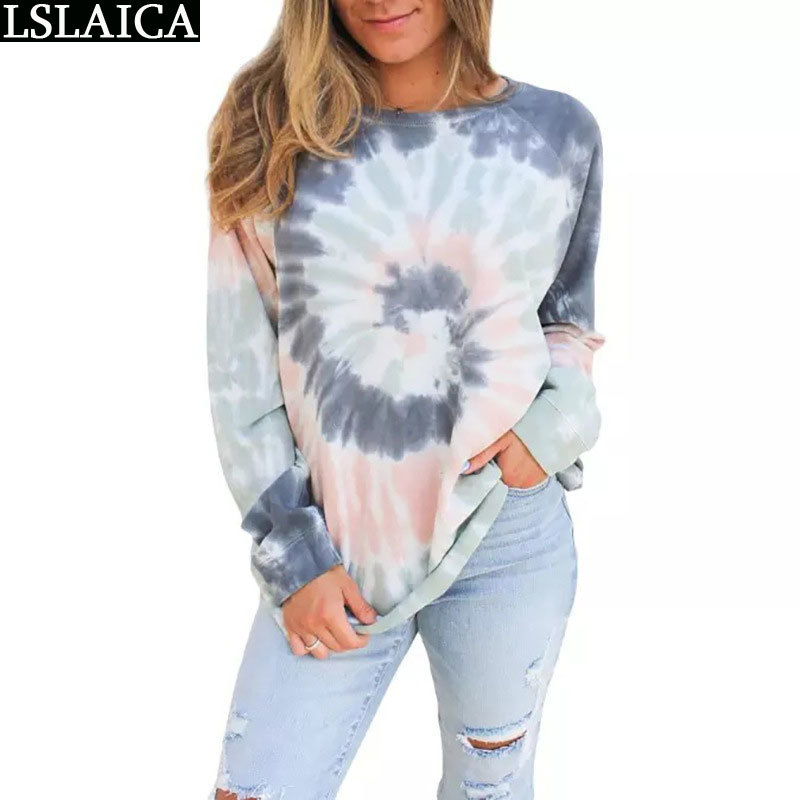 Fashion Casual Sweatshirt O-Neck Long Sleeve Women Sweetshirts Tie-Dye Loose Tops Autumn Winter Las Mujeres 210520
