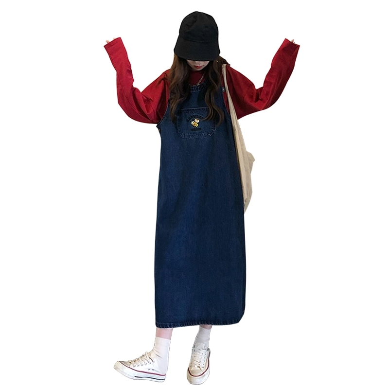 korean style autumn women loose straps denim dess female vintage embroidery long jeans tank dress womens (72808 210423