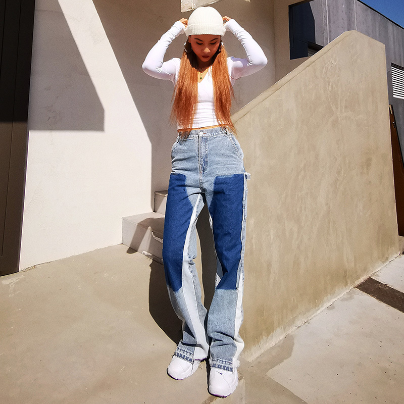 Hit Color Patchwork Jeans For Women High Waist Wide Leg Straight Trousers Female Fashion Clothing Autumn 210521