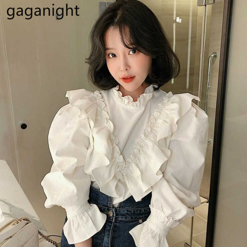 Chic Ruffles Women Blouses Fashion Solid White Stand Collar Slim Shirt Office Lady Korean Spring Autumn Blusas 210601