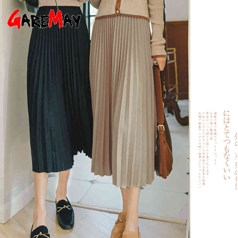 Women's winter skirts midi Long Vintage Warm black pleated female korean autumn high waist 210428