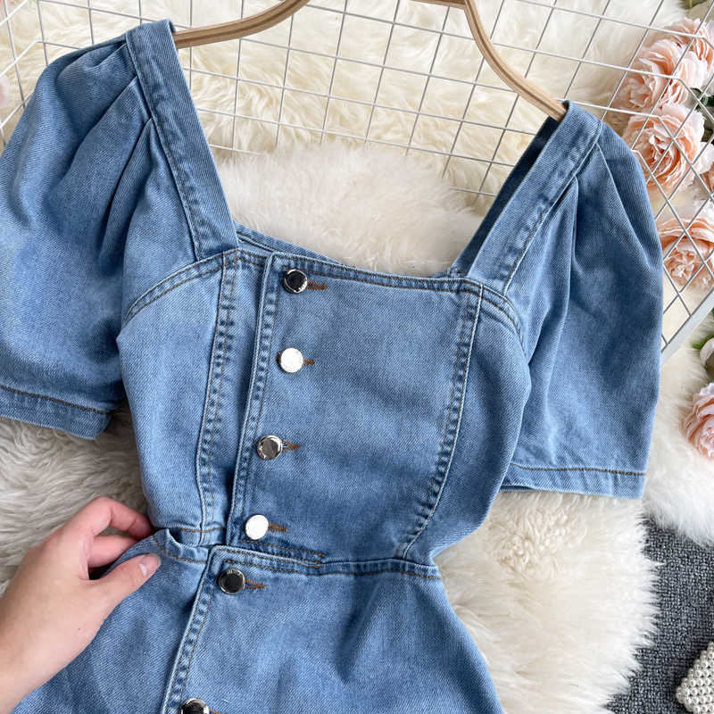 DEAT Women Hollow Out Square Collar Single Breasted Denim Dress Short Sleeve High Waist Fashion Spring Summer 11B595 210709