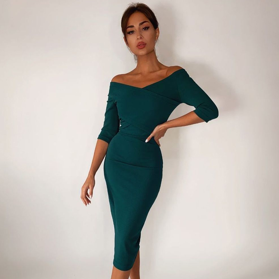 Summer Off Shoulder Bodycon Bandage Dress Women Sexy Half Sleeve Nude Midi Celebrity Evening Runway Party Dresses 210423