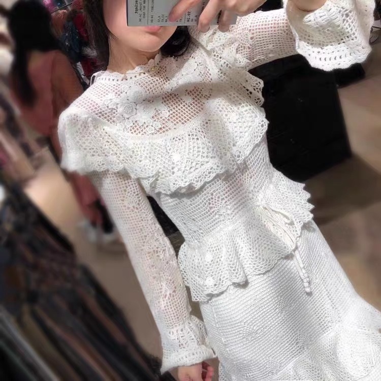 runway deigner white lace high quality hollow out party night dress up slim ruffles flower embroidery flare sleeve 210421