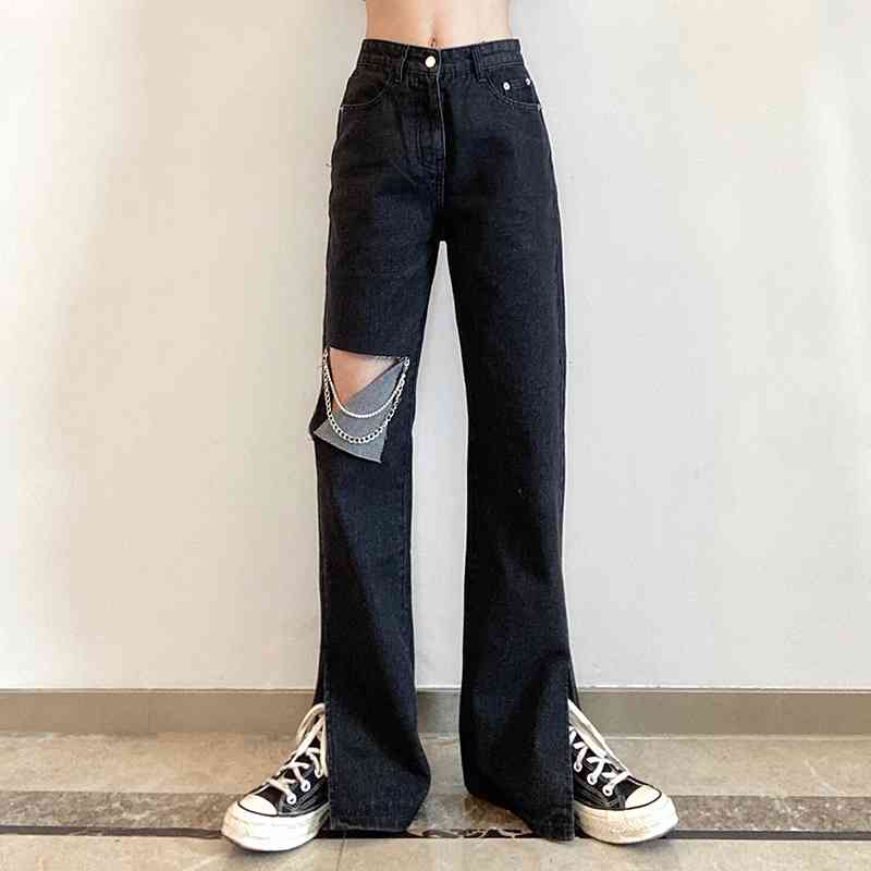 Personalized hole design chain decoration summer trousers high waist slim split jeans y2k jeans 210602, Black
Personalized hole design chain decoration summer trousers high waist slim split jeans y2k jeans 210602, Black