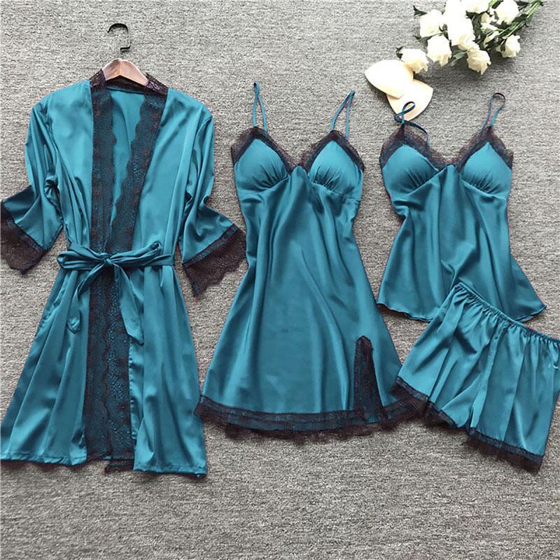 Wholesale Satin Lace Pajamas Sets Womens 5PC Strap Top Pants Suit Sleepwear Spring Autumn Home Wear Nightwear Bath Gown M-5XL Women's Tracks
