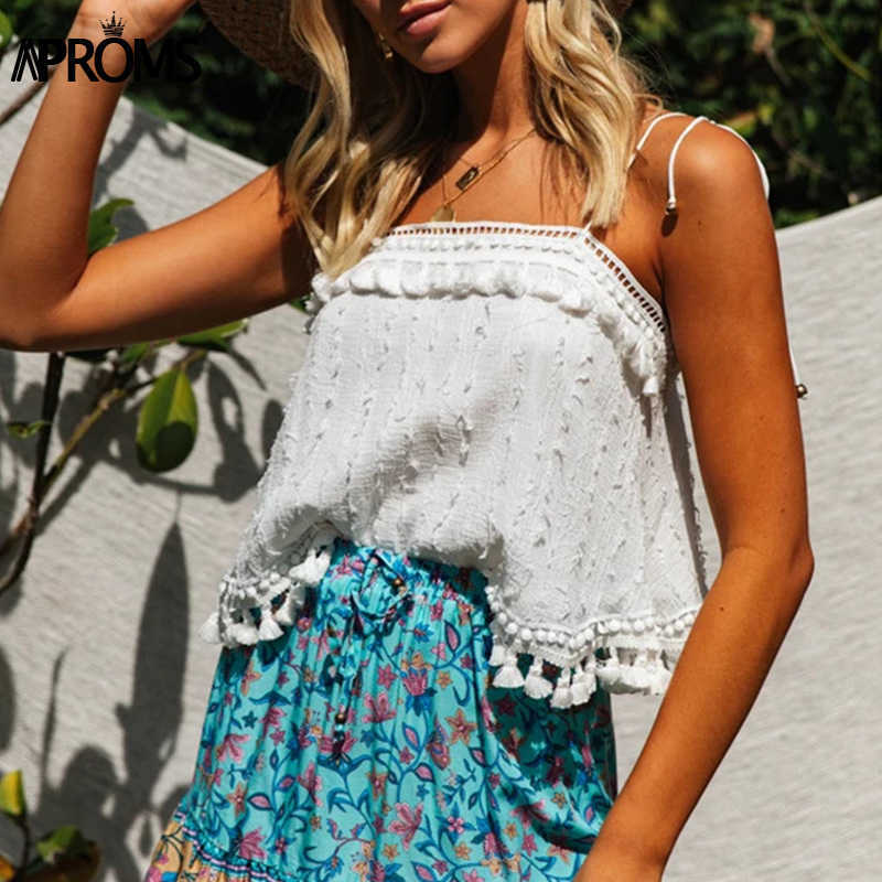 Aproms Boho Vintage Tassel Straps Tie Up Basic Camis Women Summer White Square Neck Tank Tops Cool Girls Festival Crop Top 210625