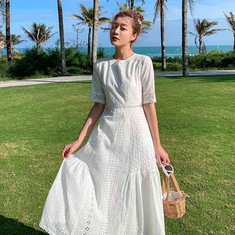 Lace Hollow Out Summer Dress Short Sleeve Long Dresses White Clothes For Full Women Vestidos 210520