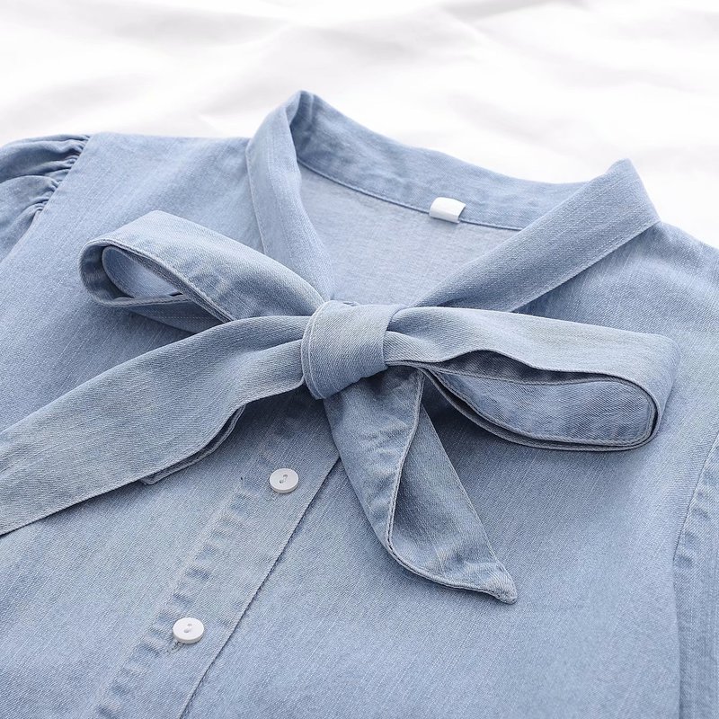 Woah Xd2949 shirt blouse women blusa feminina blusas women's new bow embellished Denim Shirt Top 210317