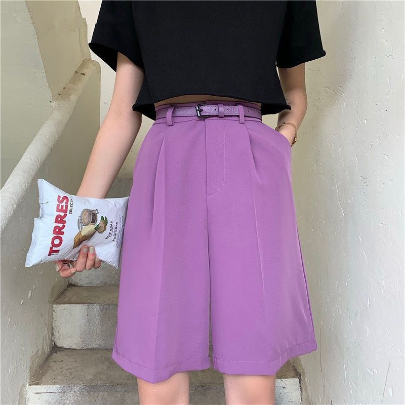 Wonder Half Pants with Belt High Waist Wide Leg Korean Elegant Loose Trousers Pocket Bottoms 210510
