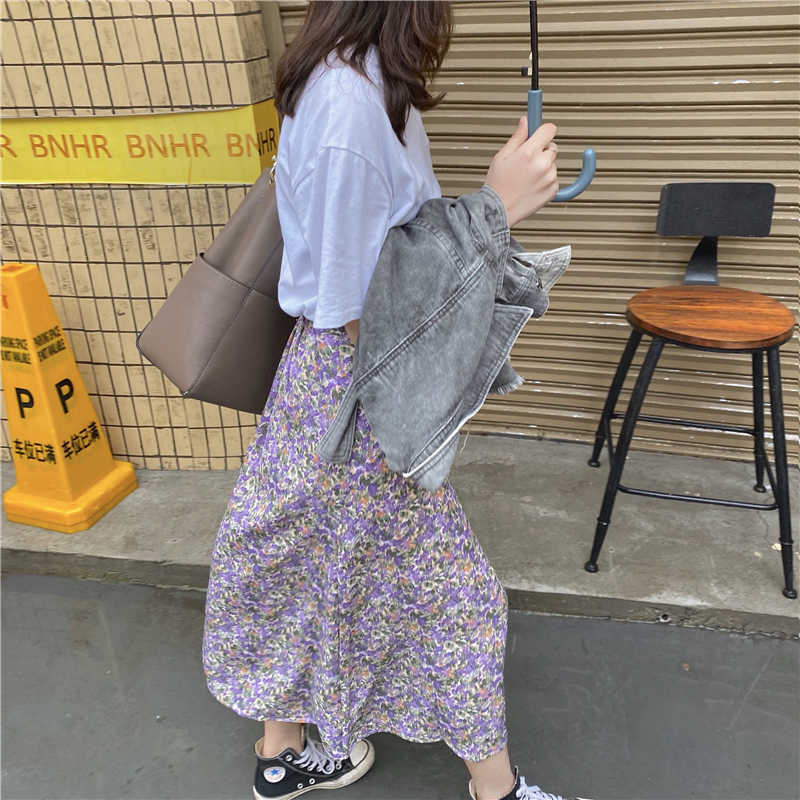 Spring Vintage Floral Print Ruffle Pleated Long Skirt Korean Streetwear Drawstring Elastic Waist Midi 210621