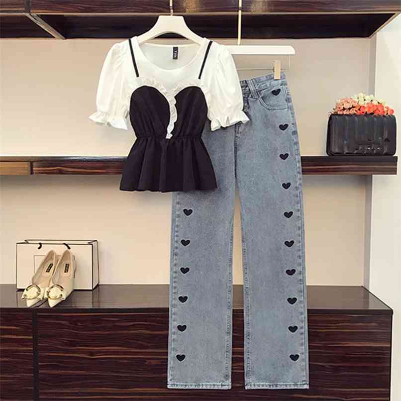 Streetwear Jeans Two piece set Women Summer Heart Embroidery High waist Long Denim Pants With Blouse Tops Suits 210602, Only black tshirt
Streetwear Jeans Two piece set Women Summer Heart Embroidery High waist Long Denim Pants With Blouse Tops Suits 210602, Only black tshirt