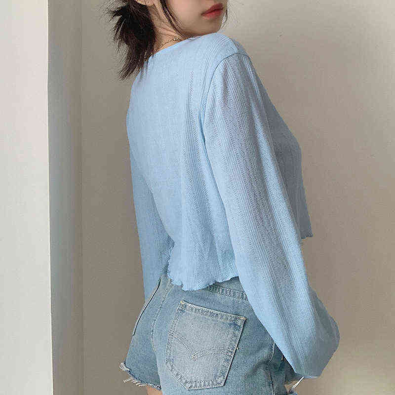 Korean Style Women's Knitted Crop Tops Solid Sexy V-Neck Short Cardigan Mujer Loose Long Sleeve Thin Sweater Woman Top Aesthetic 211117