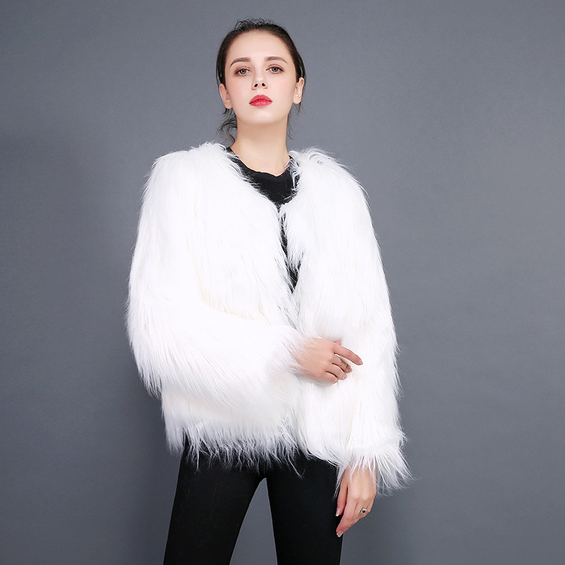 Furry Fur Coat Women Fluffy Warm Long Sleeve Outwear Winter Jacket Hairy Collarless Overcoat Plus Size 6XL 210428