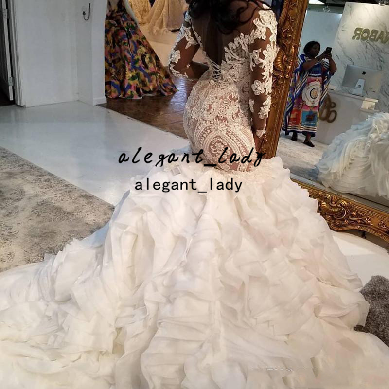 Plus Size African Mermaid Wedding Dresses 2022 vestido de noiva Royal Long Train Appliques ruffles long sleeve bridal gowns