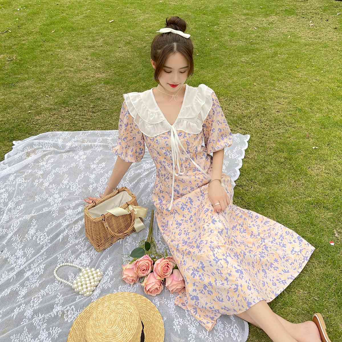 Summer Sweet Ruffles Bow Peter Pan Collar Puff Sleeve Flower Print Chiffon Dress France Women Chic Slim Waist Casual Party 210519