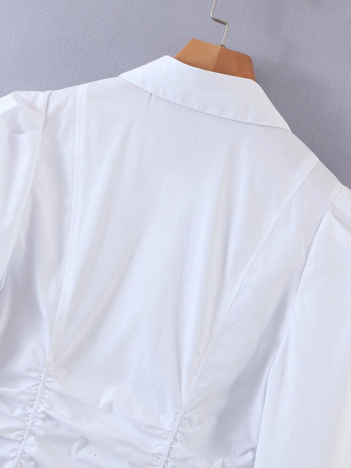 Elegant Lapel Slim Waist Pleated Ruched White Shirt Retro Woman Long sleeve OL Blouse Short Tops Blousas 210429