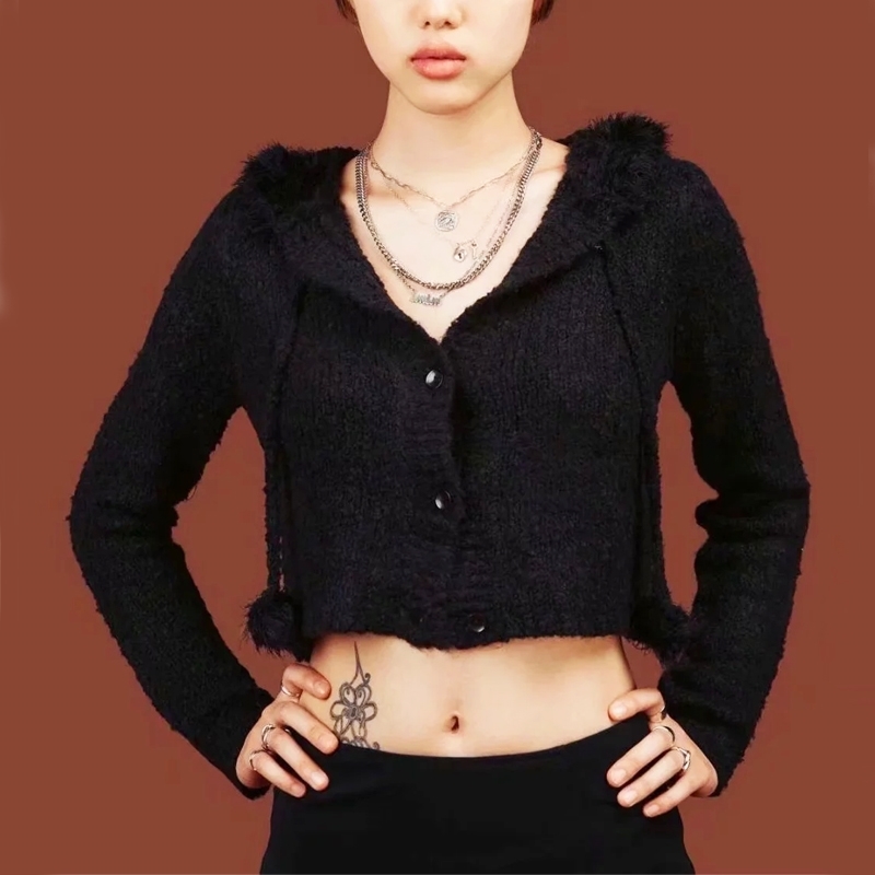 Women Slouchy Silhouette Cropped Knit Hoodie with Drawstring Pom-poms Furry Crop Hooded Sweater 210512