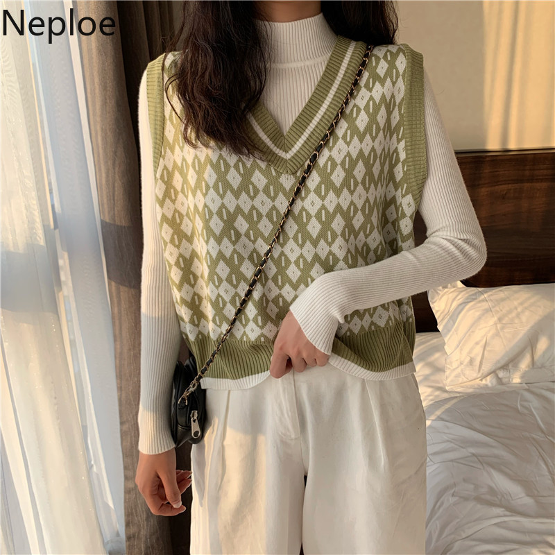 Neploe Women Fashion Oversized Knitted Cropped Vest Sweaters Vintage Sleeveless Coat Tank Female Waistcoat Chic Tops Female 210422