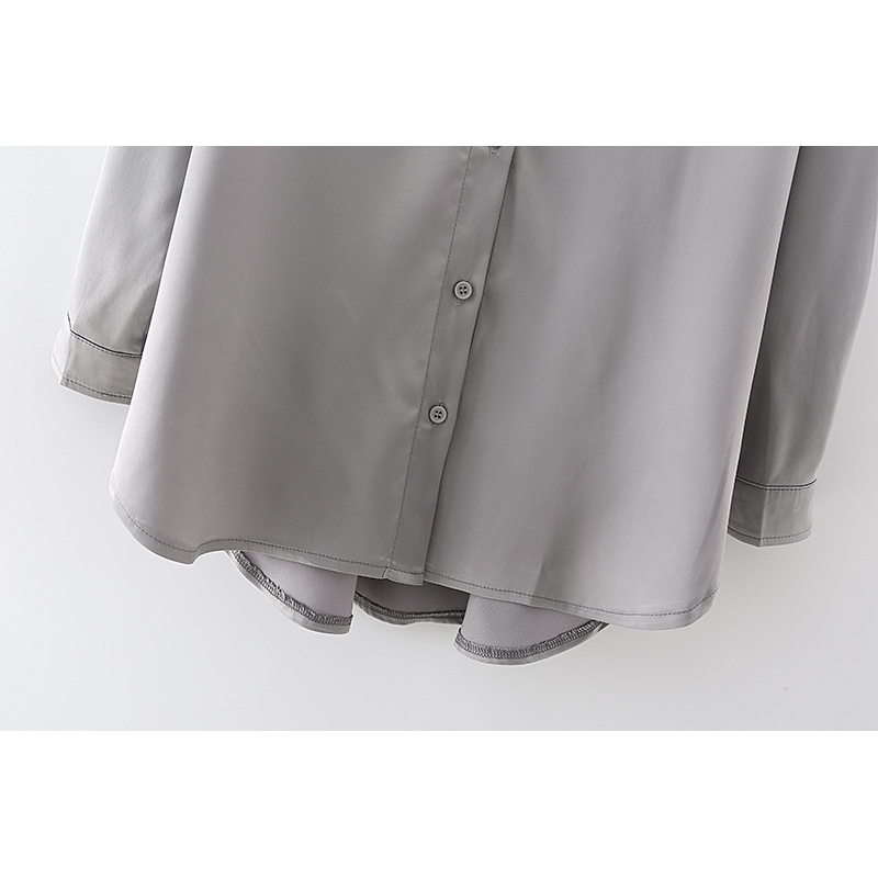 Causal Women Elegant Solid Grey Shirts Fashion Ladies Loose Satin Soft Tops Streetwear Female Chic Button Blouse 210430