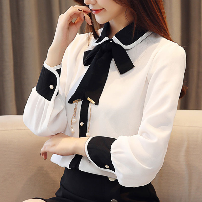 Autumn Fashion Women Chiffon Blouses Long Sleeve Beading Tops Casual Bow Office Lady Clothing 6161 50 210506