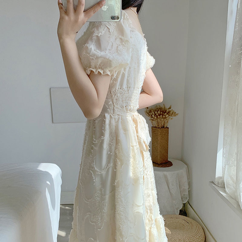 French Elegant Dress Women Button Lace Square Collar Dress Evening Party Vintage Sweet Female Summer Dress Korean 210521