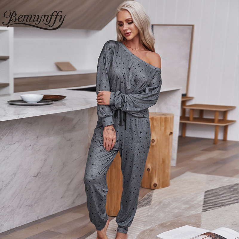 Star Print Casual Women Two Piece Set Spring Autumn Long Sleeve T-shirt and Drawstring Waist Pants 2 PJ Sets 210510