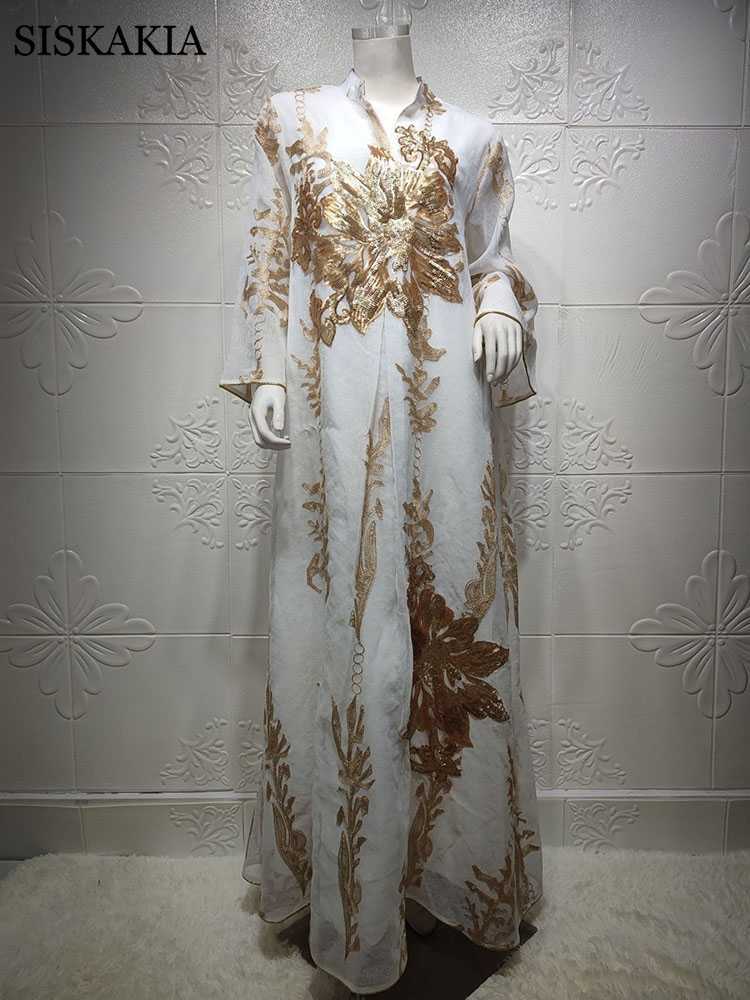 Siskakia Sequins Embroidered Abaya Dress For Women Moroccan Kaftan Turkey Arabic Jalabiya White Islamic Ethnic Robe Eid 210806