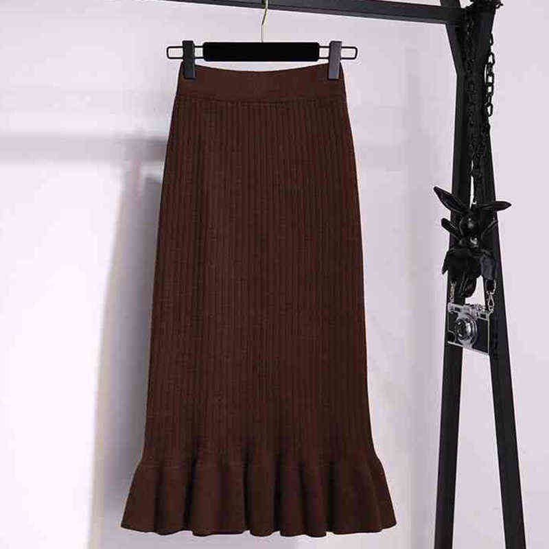 Lucyever Women High Waist Knitted Skirts Solid Elastic Mermaid Knitting Ribbed Female Autumn Winter Warm Mid-Long 211119