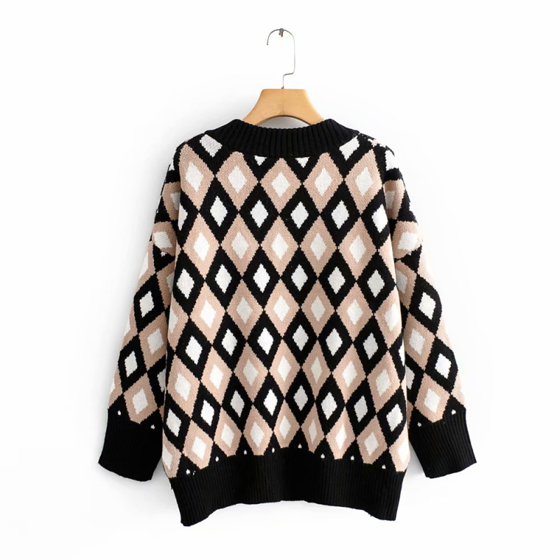 Vintage Woman Rhombus Plaid V Neck Sweater Fashion Ladies Autumn Oversized Knitted Tops Female Chic Soft Sweaters 210515